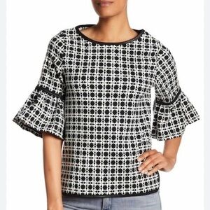 Max Studio Geometric Top Blouse Size Medium Black Pullover Bell Sleeves